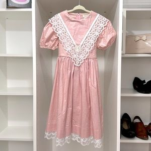 Vintage Girls Pink Dress, lace trim, puff sleeves, bow, zipper back, size 6